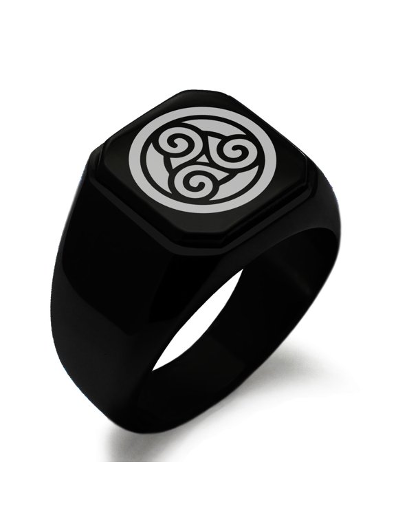 Stainless Steel Celtic Triskele Triskelion Circle Knot Engraved Square Flat Top Biker Style Polished Signet Ring