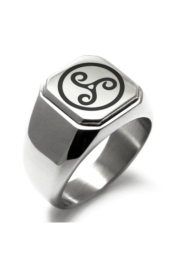 Stainless Steel Celtic Triskele Triskelion Engraved Square Flat Top Biker Style Polished Signet Ring