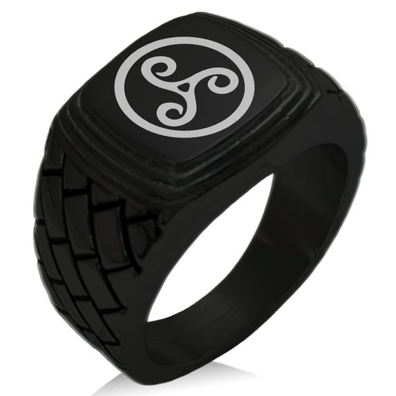 Stainless Steel Celtic Triskele Triskelion Geometric Pattern Step-Down Biker Style Polished Ring