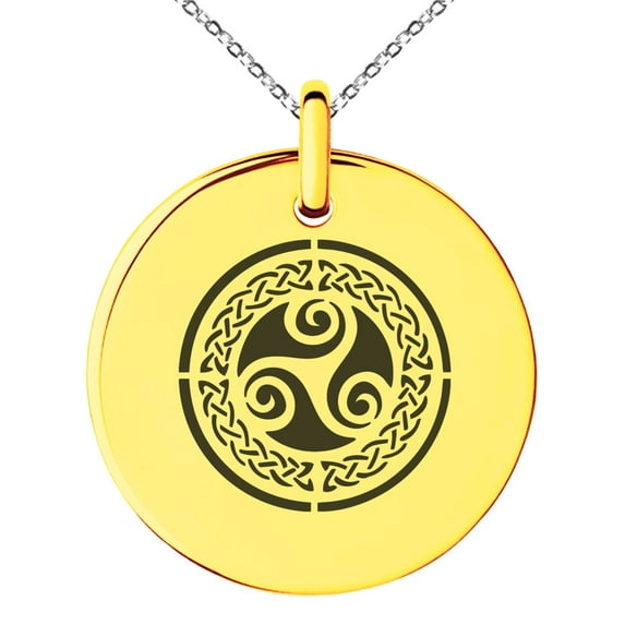 Stainless Steel Celtic Triskele Triskelion Triple Knot Engraved Small Medallion Circle Charm Pendant Necklace