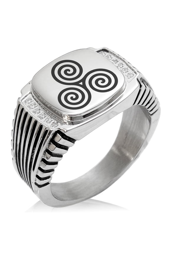 Stainless Steel Celtic Triskele Triskelion Triple Spiral CZ Ribbed Needle Stripe Pattern Biker Style Polished Ring