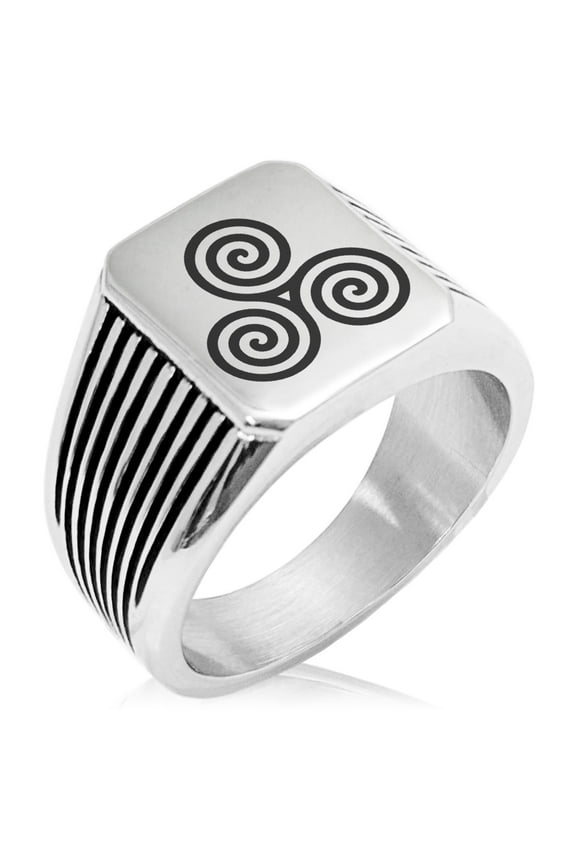 Stainless Steel Celtic Triskele Triskelion Triple Spiral Needle Stripe Pattern Biker Style Polished Ring