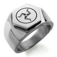 thumbnail image 1 of Stainless Steel Celtic Triskelion Three Legged Isle of Man Engraved Hexagon Crest Flat Top Biker Style Polished Ring, 1 of 1
