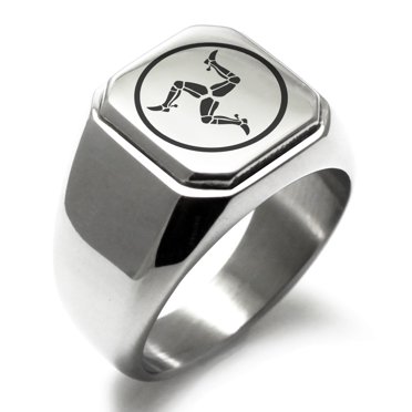Stainless Steel Celtic Triskelion Three Legged Isle of Man Engraved Square Flat Top Biker Style Polished Signet Ring
