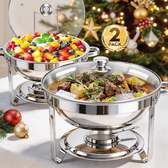 Chafing Dish Buffet Set, 5 Qt 2 Pack, Stainless Steel Chafer with 2 Full Size Pan, Round Catering Warmer Server with Glass Lid Water Pan Folding Stand Fuel Holder, for Wedding Party Banquet