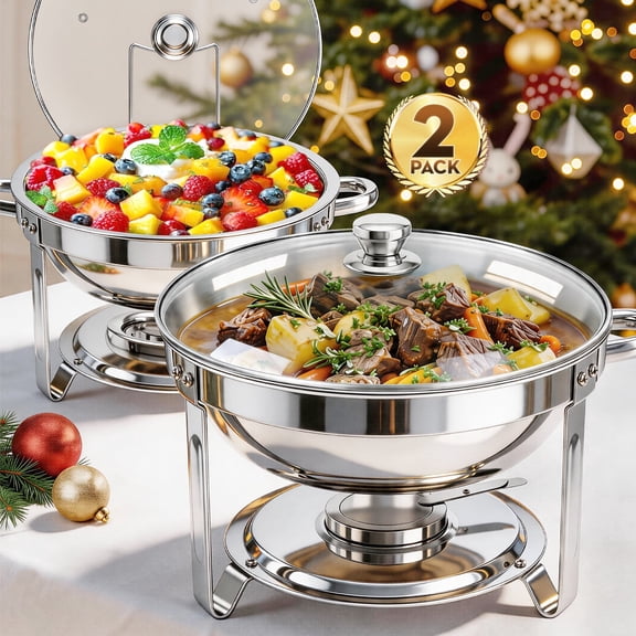 CATGOOD Chafing Dish Buffet Set, 5 Qt 2 Pack, Stainless Steel Chafer with 2 Full Size Pan, Round Catering Warmer Server with Glass Lid Water Pan Folding Stand Fuel Holder, for Wedding Party Banquet
