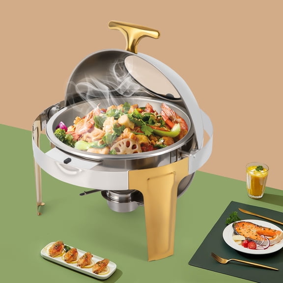 Stainless Steel Chafing Dish Buffet Set with Roll Top & Alcohol Furnace, 6.3QT, for Catering, Parties, Weddings & Buffets Elegant Gold Accents, Easy to Clean