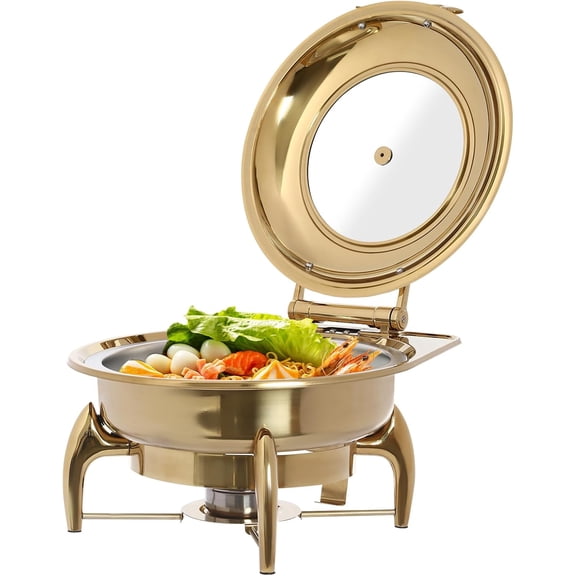 Stainless Steel Chafing Dish Buffet Set Visible Roll Top Buffet Server Round Commercial Food Warmer for Parties Catering Event (Gold round1)
