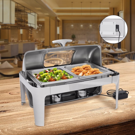 Stainless Steel Chafing Dish Buffet Warmer Set, 9.5QT Capacity, Electric & Alcohol Heating, Adjustable Temperature, Roll-Top Lid for Easy Access, Durable and Easy to Clean
