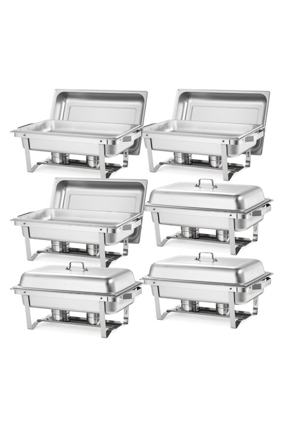 Stainless Steel Chafing Dish Set 9 Qt - 6 Pack Food Warmer for Catering, Wedding & Banquet - Includes Lids, Tongs & Fuel Holders
