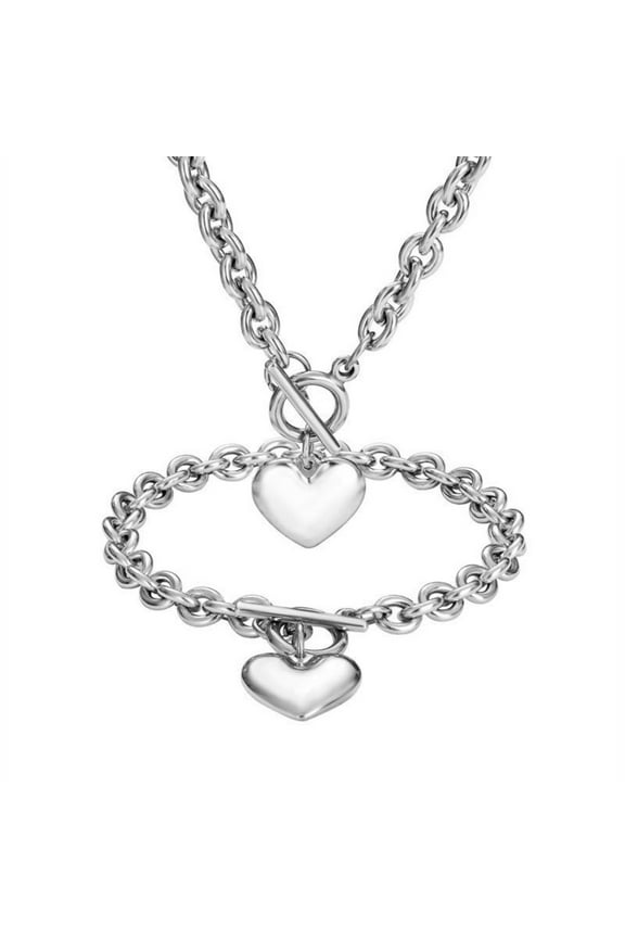 Stainless Steel Chain Heart Toggle Choker Bracelet Necklace Set for Womens Fashion Valentine