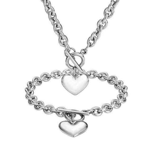 Stainless Steel Chain Heart Toggle Choker Bracelet Necklace Set for Womens Fashion Valentine