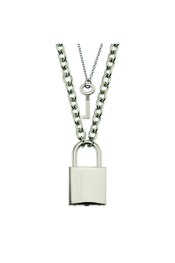 Stainless Steel Chain Necklace Lock Key Pendant Necklace Couple Padlock Necklace Gueiykk