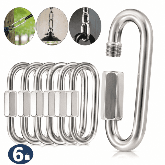 6 Pack Stainless Steel Chain Quick Links, 304 Stainless Steel Locking Carabiner, Heavy Duty Chain Link, Screw Chain Connector Hooks, Quick Link Set