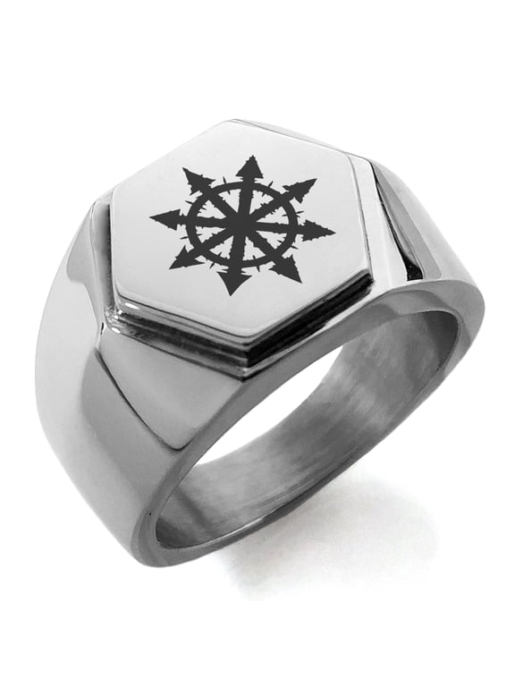 Stainless Steel Chaos Engraved Hexagon Crest Flat Top Biker Style Polished Ring