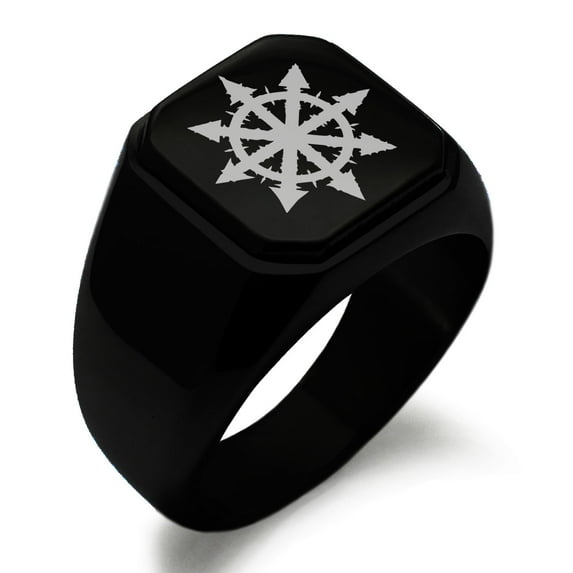 Stainless Steel Chaos Engraved Square Flat Top Biker Style Polished Signet Ring