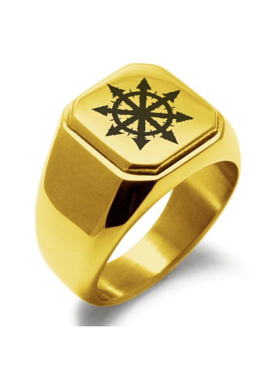 Stainless Steel Chaos Engraved Square Flat Top Biker Style Polished Signet Ring