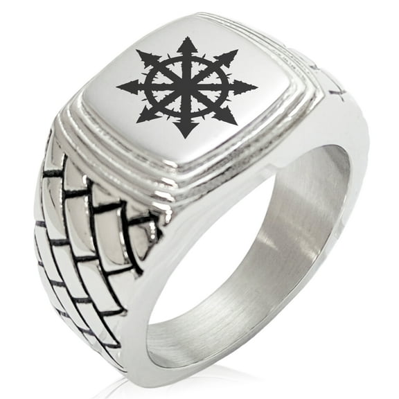 Stainless Steel Chaos Geometric Pattern Step-Down Biker Style Polished Ring