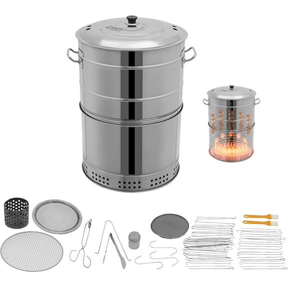 Stainless Steel Charcoal Grills Barrel, Smokeless Outdoor BBQ Grill Barrel with 50 Skewers, 360 Cylinder Charcoal Grill Barbecue Grill for Camping Travel Picnic Outdoor Cooking Backyard