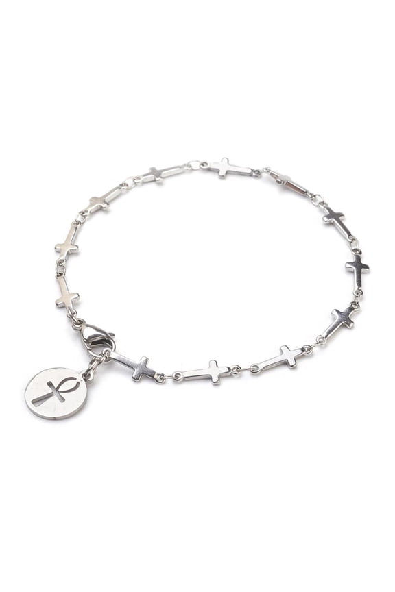Stainless Steel Charm Bracelet Ankh Cross Silver 7.8" Z121