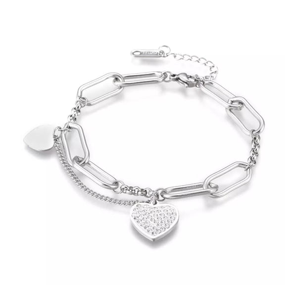 Stainless Steel Charm Bracelet Clay Rhinestone Lobster Heart Silver 6.8" Z174