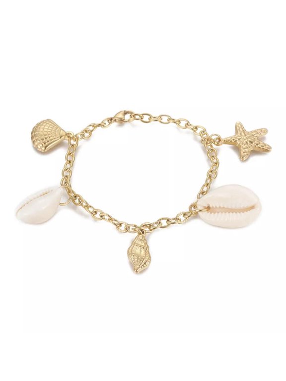 Stainless Steel Charm Bracelet Cowrie Shell Starfish Stars Shell Gold 7.7" Z62