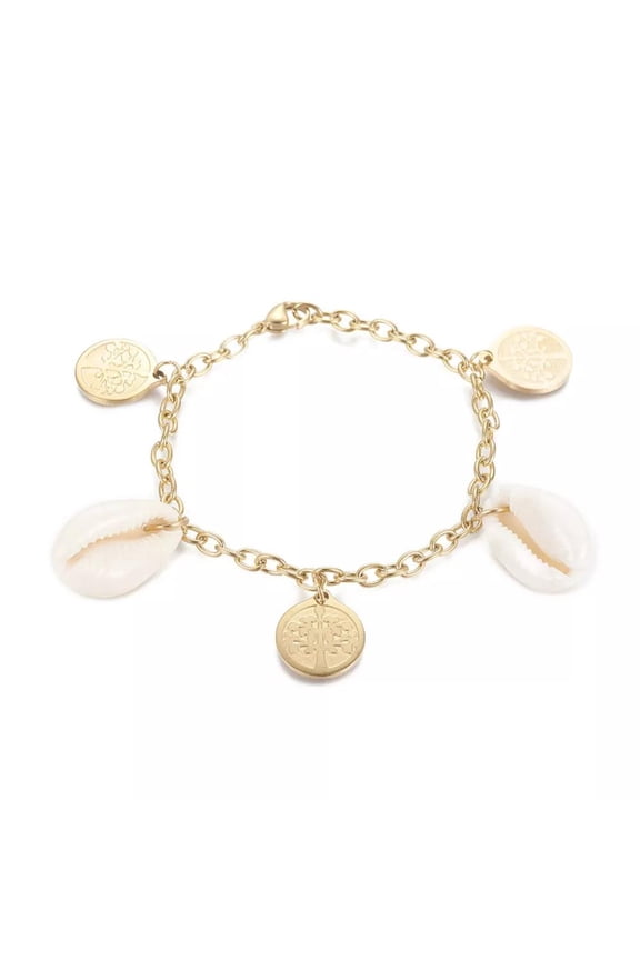 Stainless Steel Charm Bracelet Cowrie Shell Tree Gold 7.7" Z61
