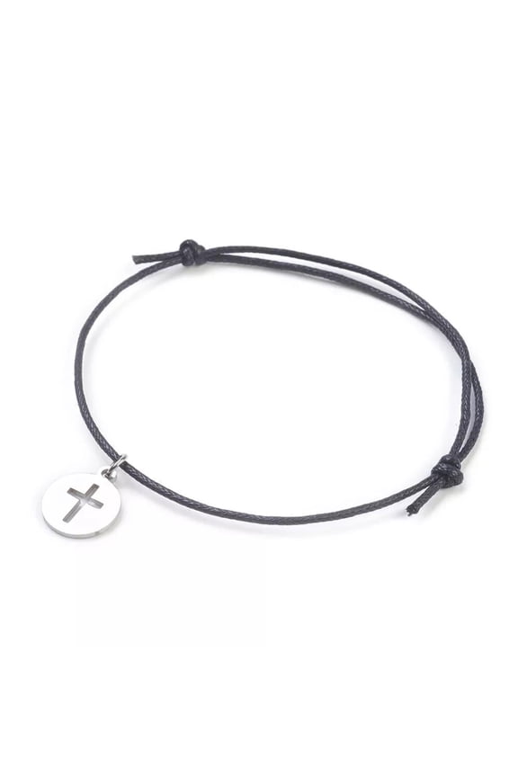 Stainless Steel Charm Bracelet Waxed Cotton Cord Cross Black Adjustable Z119