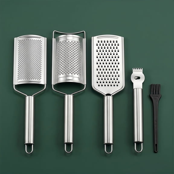 Stainless Steel Cheese Grater Set 5Pcs, Professional Cheese, Fruit, Vegetable Zester with Clean Brush
