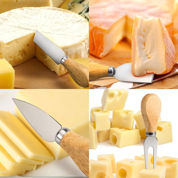 Stainless Steel Cheese Set with Rubber Wood Handle,Includes Cheese Fork and Cheese Slicer,Kitchen Tool for Butter,Charcuterie,and Cheese Serving,Easy Grip,Shovel,1 Knife