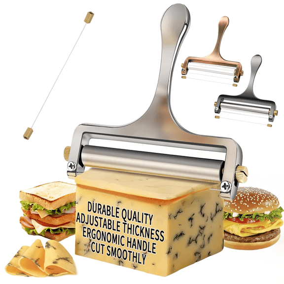 Stainless Steel Cheese Slicer for Block cheese , Handle Adjustable Thickness Wire Cheese Cutter Perfectly with 1 Extra Wire for Kitchen Cooking