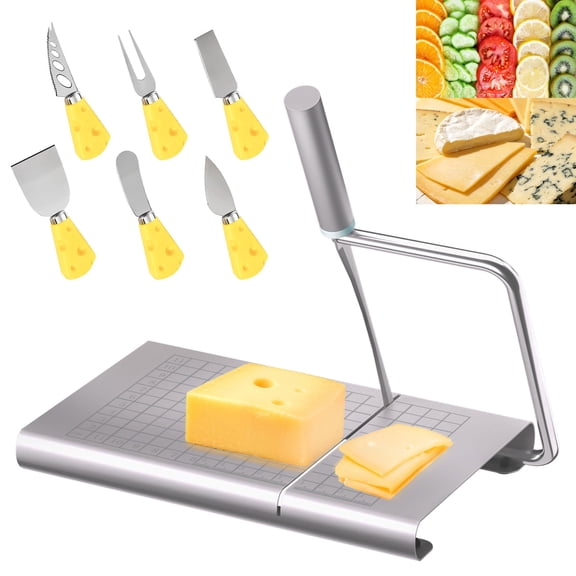 TUOSHUNGE Stainless Steel Block Cheese Slicer with Precision Graduations, Includes a Set of 6 Cheese Knives, Suitable for Butter, Sausage, Ham, Jerky, and Bread Slicing, Dishwasher Safe