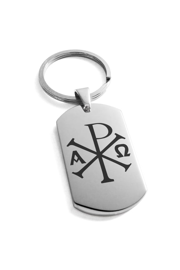 Stainless Steel Chi Rho Alpha Omega Engraved Dog Tag Keychain Keyring