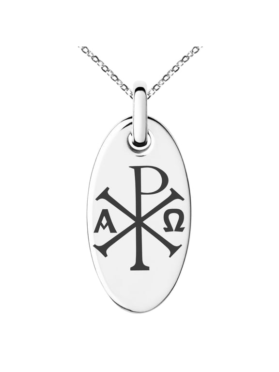 Stainless Steel Chi Rho Alpha Omega Symbol Engraved Small Oval Charm Pendant Necklace