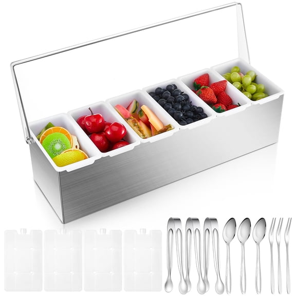 Stainless Steel Chilled Condiment Server with 6 Removable Slot Toppings Containers