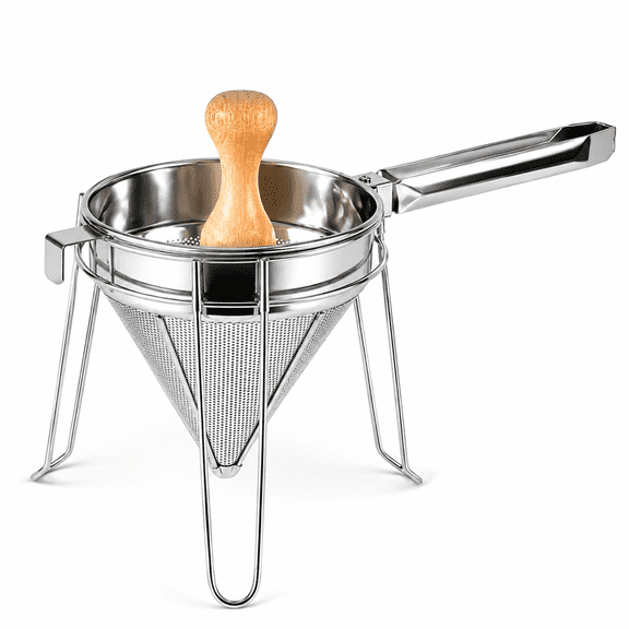 Stainless Steel Chinois Strainer Set with Stand and Wooden Pestle