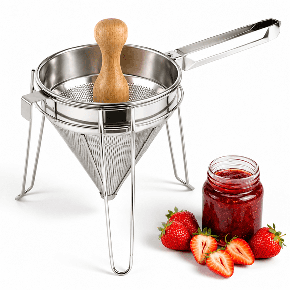 Stainless Steel Chinois Strainer Set with Stand and Wooden Pestle