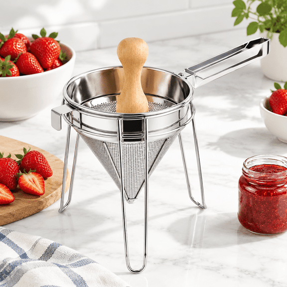 Stainless Steel Chinois Strainer Set with Stand and Wooden Pestle