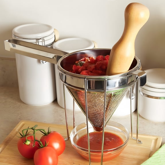 Stainless Steel Chinois Strainer with Stand And Wooden Pestle Set, China Cap Strainer for Tomato, Berry, Fruit, Egg, Soup And Other Canning Jam Making Supplies, 15.35 X 7.67 X 7.28 Inch