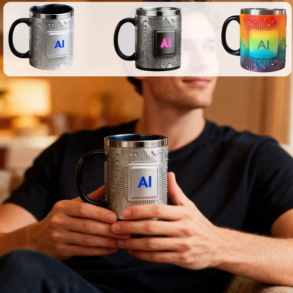 Stainless Steel Chip Coffee Mug | Circuit Board Design AI Tech Theme | Non-Slip Handle, 13.5x11x9cm, Gray Silver Multicolor | Durable, Easy-Clean Tech Gift