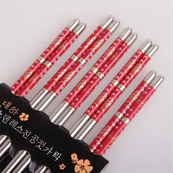 Stainless Steel Chopsticks Reusable 304 Metal Chopsticks for Sushi Noodles Rice - Dishwasher Safe Non Slip Grooved Tips for Beginners - 5 Pairs 8.85 Inch - Asian Style Kitchen Dinnerware