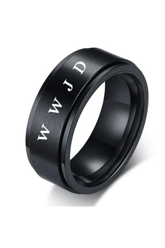 Stainless Steel Christ WWJD Spinner Ring, What Would Jesus Do Rotatable Anxiety Stress Relieving Finger Ring for Women Men Christian Meditation Jewelry,Black,Size 9