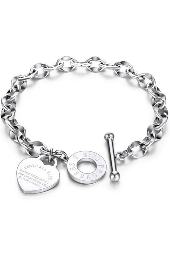 Stainless Steel Christian Cross Bible Verse Proverbs 4:23 Link Bracelet