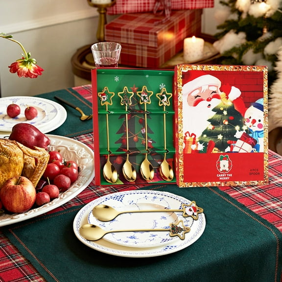 Stainless Steel Christmas Spoon Set - Mirror Polished Dessert Spoons with Festive Design in Gift Box A