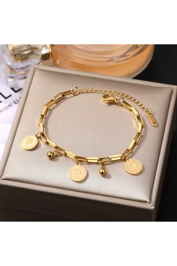 Stainless Steel Chunky Gold Tone Dainty Link Chain Bracelet with Coin Charms Women Fashion