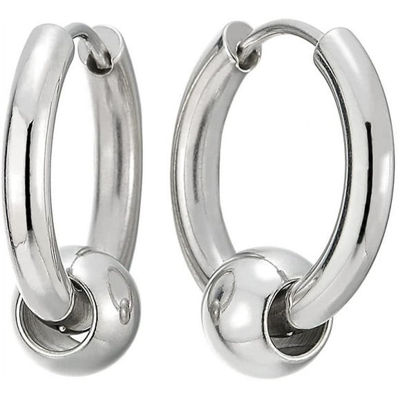 Stainless Steel Circle Beads Huggie Hinged Hoop Earrings for Men Women, 2pcs