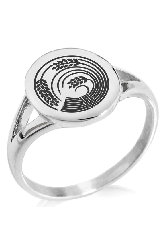 Stainless Steel Circle of Rice Plant Kamon Crest Minimalist Oval Top Polished Statement Signet Ring