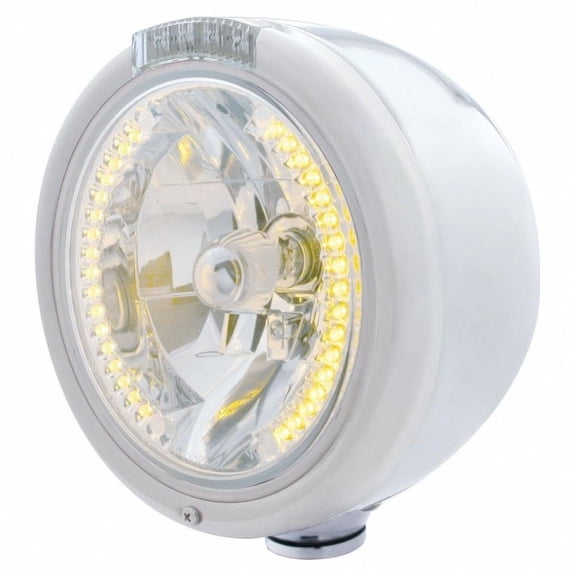 Stainless Steel Classic Half Moon Headlight H4 With Amber LED & Signal - Clear Lens