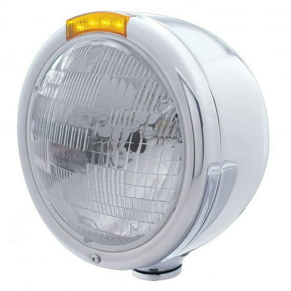 Stainless Steel Classic Half Moon Headlight H6024 Bulb & LED Turn Signal - Amber Lens