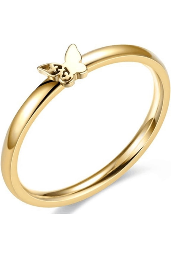 Stainless Steel Classicl Dainty Plain Butterfly Charm Promise Engagement Statement Ring